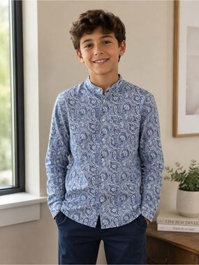 New Brunello Cucinelli Paisley Blue Button-Up  Mandarin Collar Shirt size 12